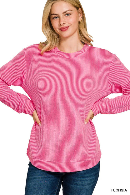 Zenana Full Size Raised Rib Round Neck Long Sleeve Top Plus Size Garden Naked Curves