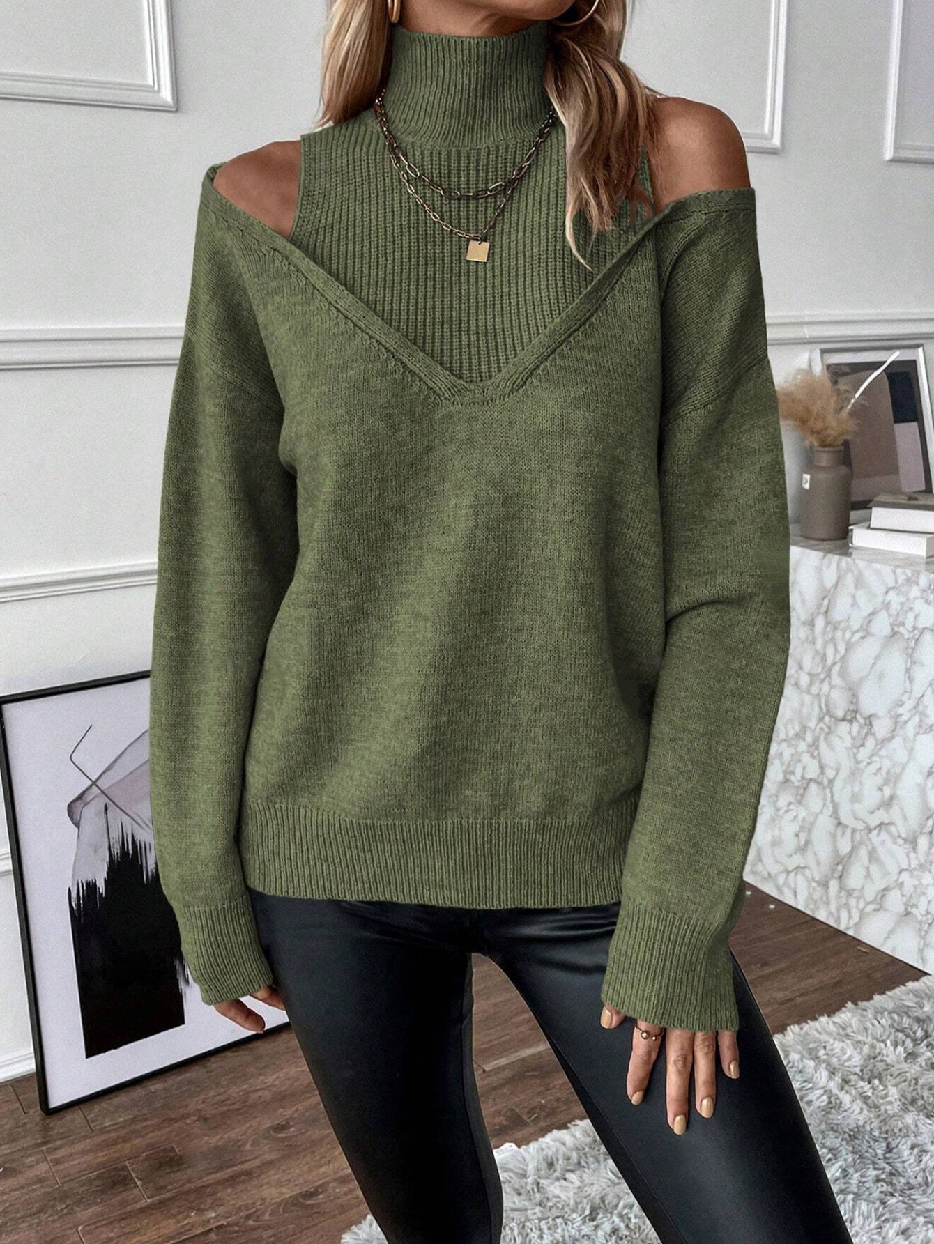 Women’s Elegant Off-Shoulder Turtleneck Sweater — Long Sleeve Knit Top FitiqueFit