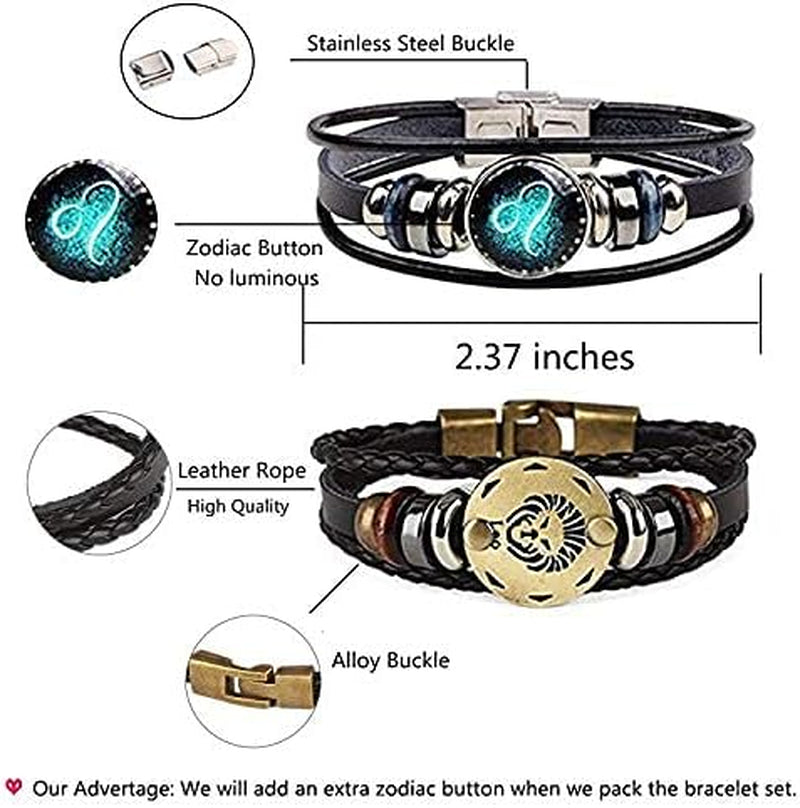 2Pcs Zodiac Bracelets for Women 12 Constellations Multilayer Leather Bracelet Handmade Woven Zodiac Sign Wrap Wristband Cuff Bracelet Zodiac Gifts for Birthday Christmas