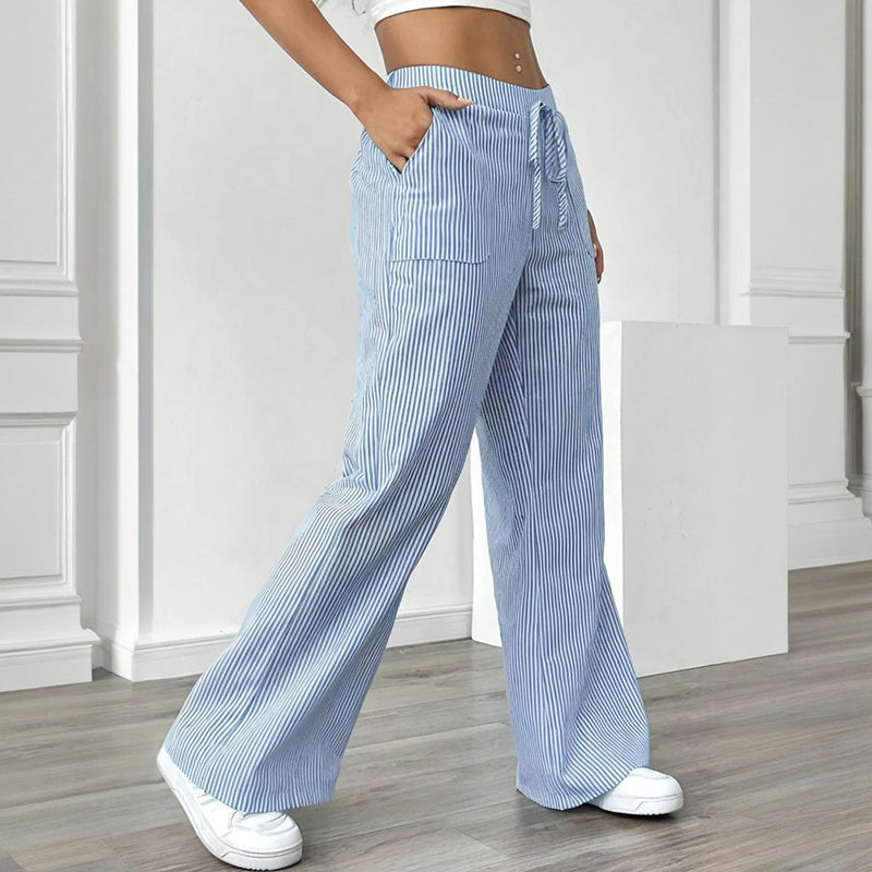 Women's Striped Print Straight Wide Leg Pockets Pants Casual Long Pants FitiqueFit