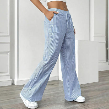 Women's Striped Print Straight Wide Leg Pockets Pants Casual Long Pants FitiqueFit