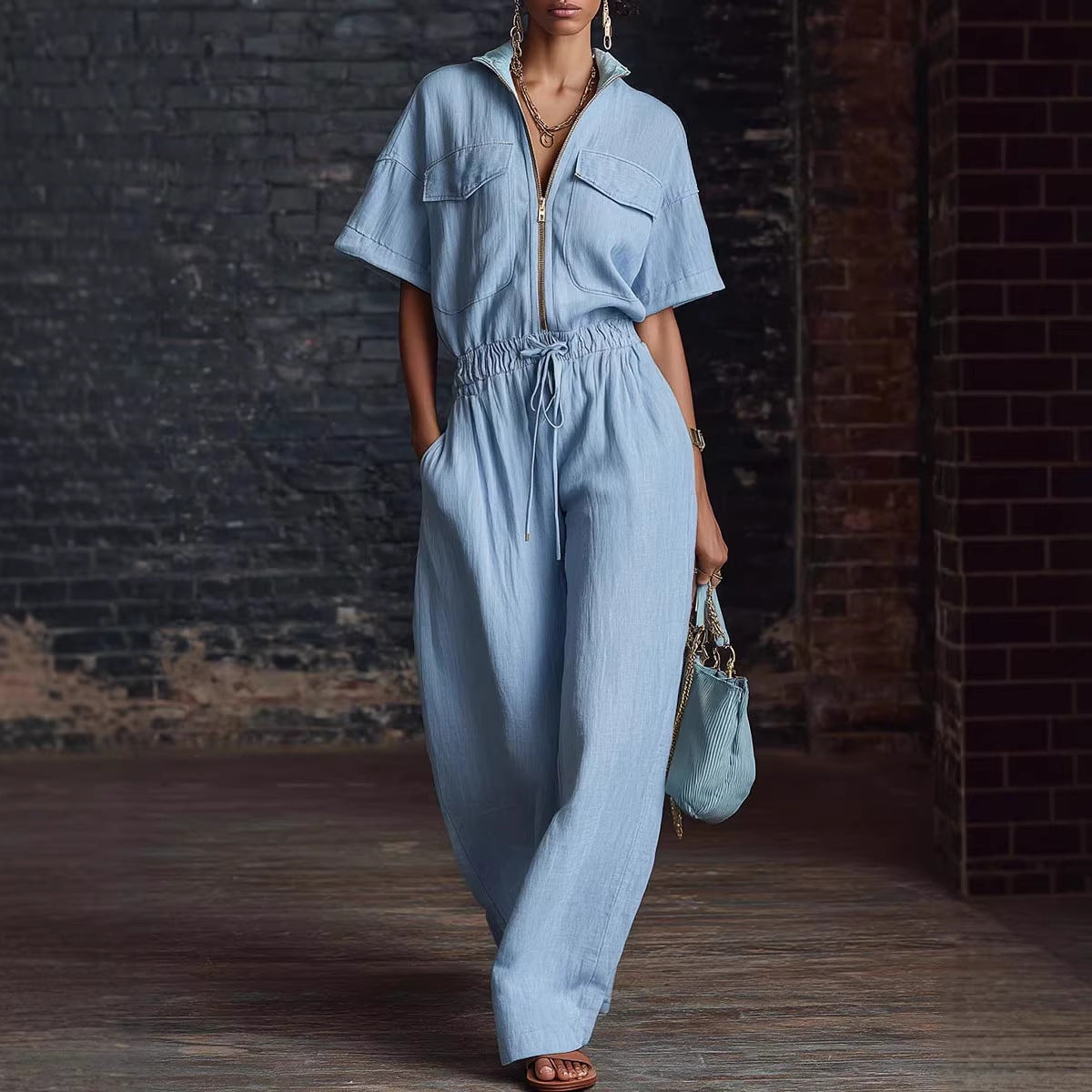 Women’s Stand Collar Sleeveless Wide-Leg Jumpsuit FitiqueFit