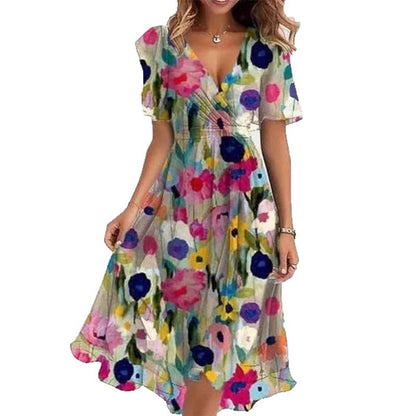 Floral Print A-Line Dress – V-Neck Short Sleeve Midi Dress FitiqueFit