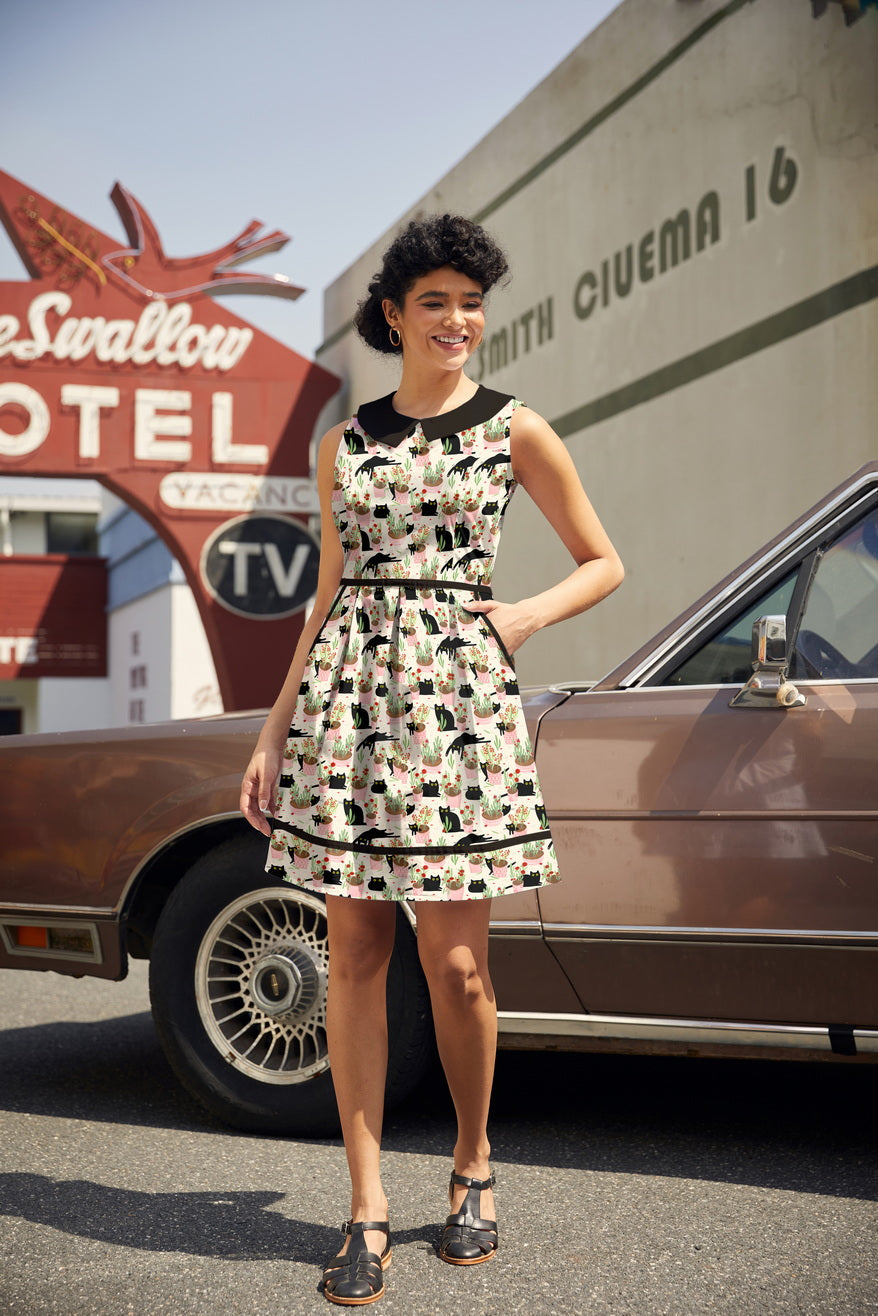 Cats & Plants Collared Dress - Plus Sizes only Retrolicious