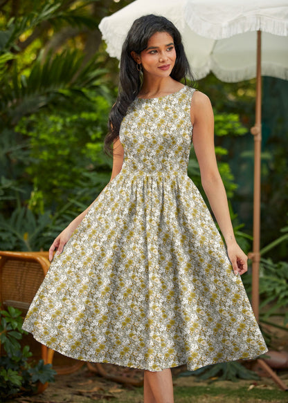 Mustard Floral Midi Dress Retrolicious