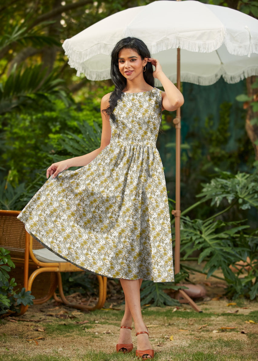 Mustard Floral Midi Dress Retrolicious