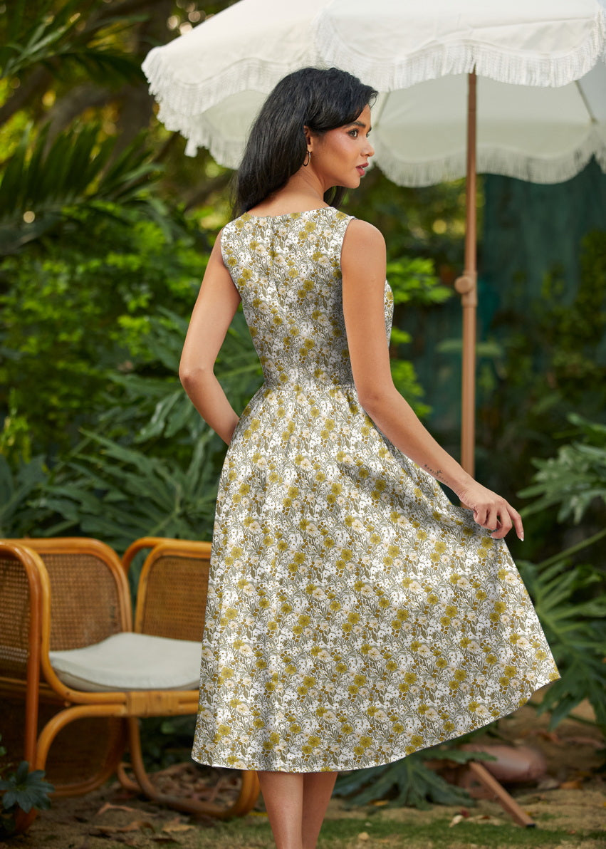 Mustard Floral Midi Dress Retrolicious