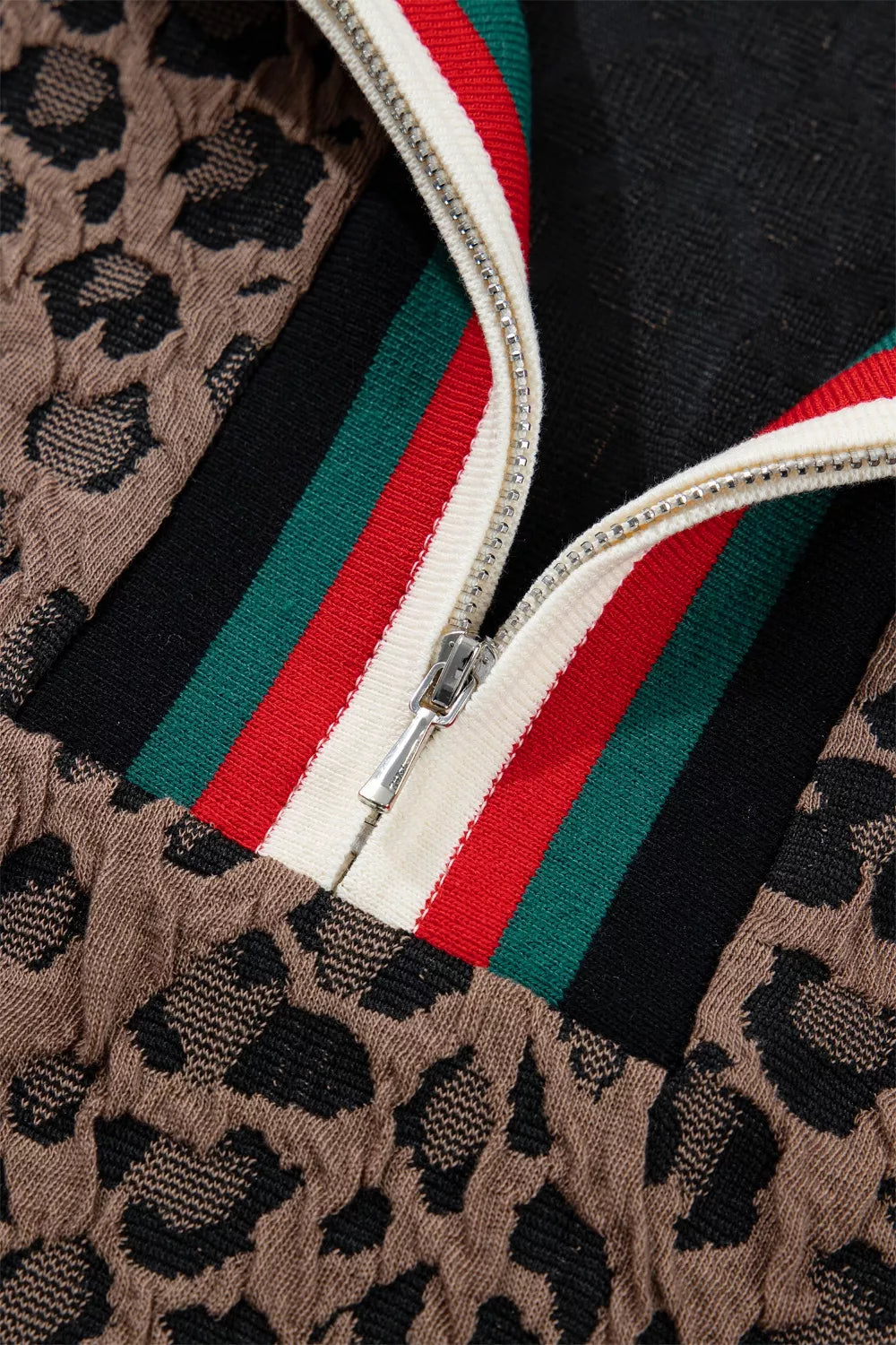 Leopard Jacquard Striped Patchwork Half Zip Short Sleeve Blouse New Era Fashion LLc