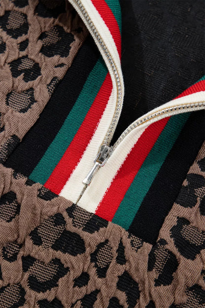 Leopard Jacquard Striped Patchwork Half Zip Short Sleeve Blouse New Era Fashion LLc