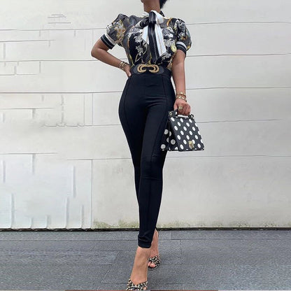 Printed chain shirt bow puff sleeve See size chart under “more details” The Fashion Celestial