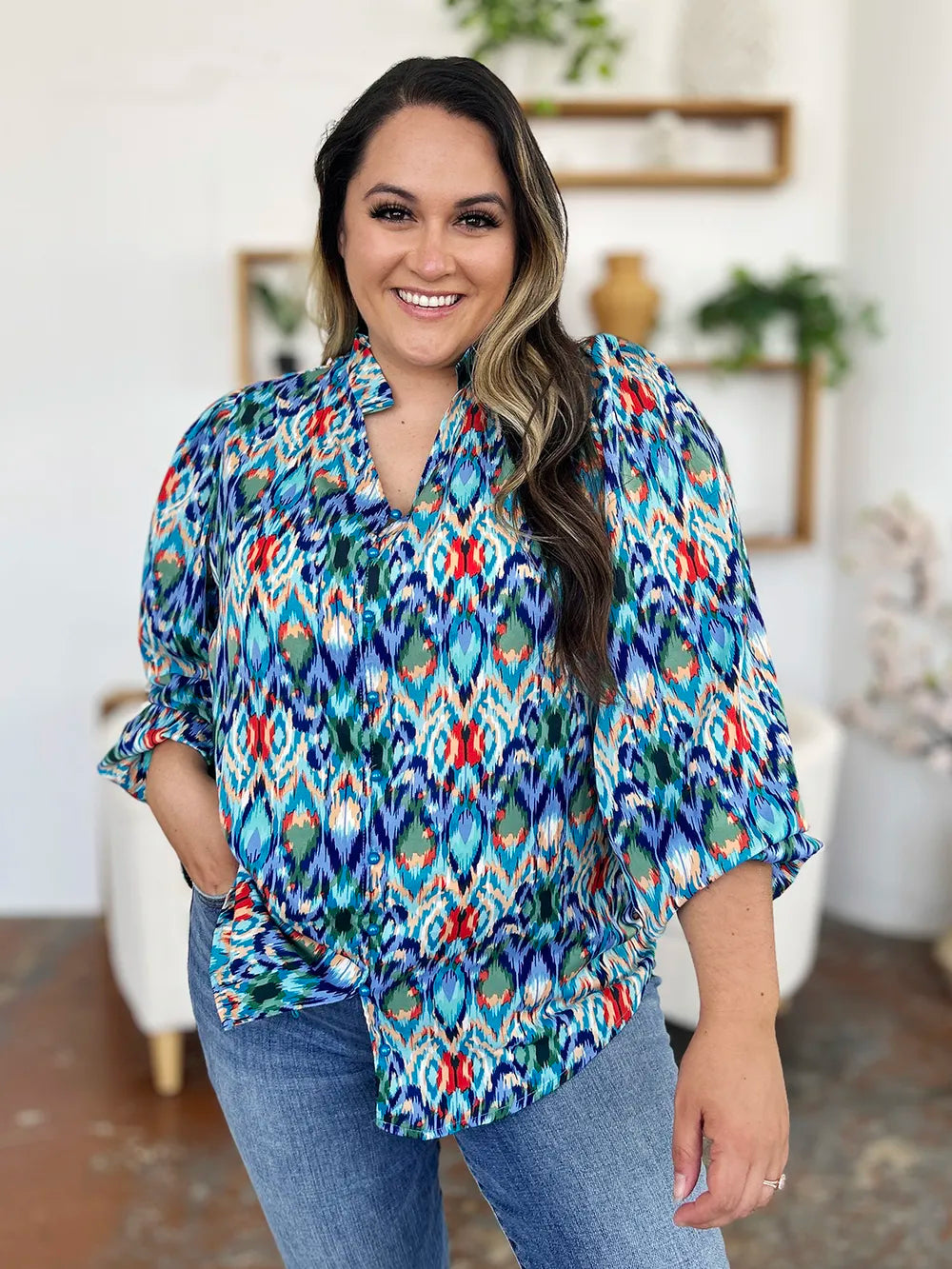 Double Take Full Size Printed Balloon Sleeve Blouse New Era Fashion LLc