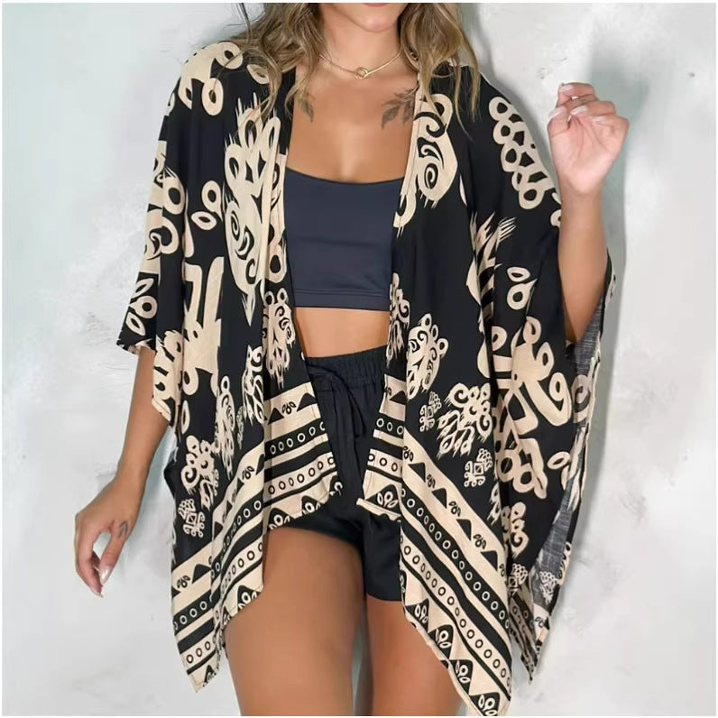 Women’s Printed Cardigan Top with Drop Shoulder Sleeves FitiqueFit