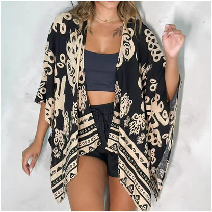 Women’s Printed Cardigan Top with Drop Shoulder Sleeves FitiqueFit