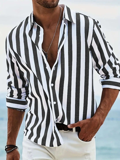 Striped Print Shirt Casual Loose Long-sleeved Shirt Men's Clothing SnagBag