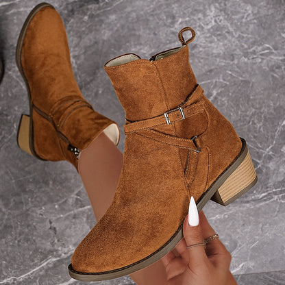 Cross-Strap Side-Zipper Mid-Heel Ankle Boots Women FitiqueFit