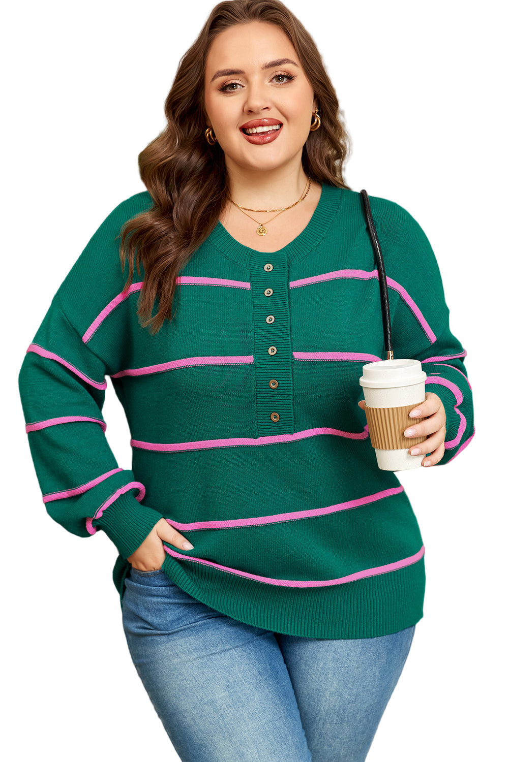 Green Stripe Half Buttons Drop Shoulder Plus Size Sweater Garden Naked Curves