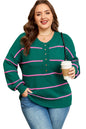 Green Stripe Half Buttons Drop Shoulder Plus Size Sweater Garden Naked Curves