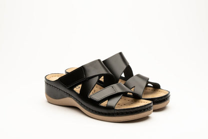 Laura by LEON– Women’s Leather Sandal- Comfort Slide Slip-on with Velcro Straps LEON Footwear USA