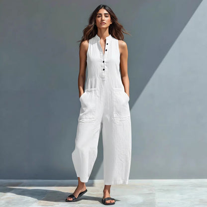 Casual Women’s Buttoned Stand Collar Sleeveless Loose Jumpsuit FitiqueFit