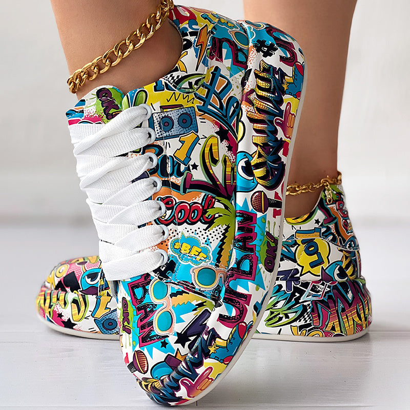 Round-Toe Thick-Sole Lace-Up Sneakers — Women’s Casual Print Shoes FitiqueFit