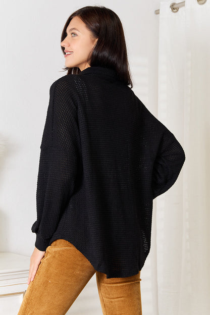 Double Take Waffle-Knit Collared Neck Dropped Shoulder Shirt New Era Fashion LLc