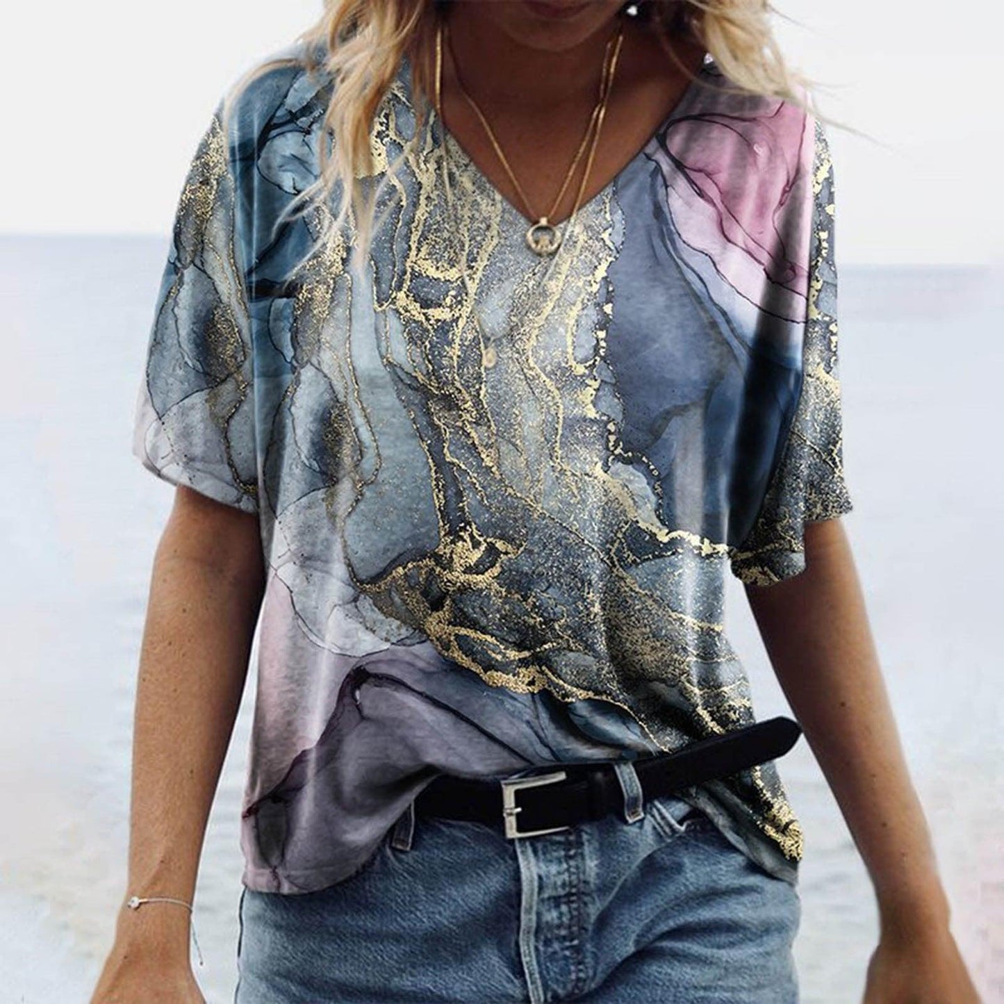 Women's Spring Glitzy V-Neck Short Sleeved Marble Print Top Country in My Heart