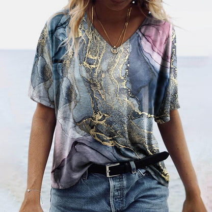 Women's Spring Glitzy V-Neck Short Sleeved Marble Print Top Country in My Heart