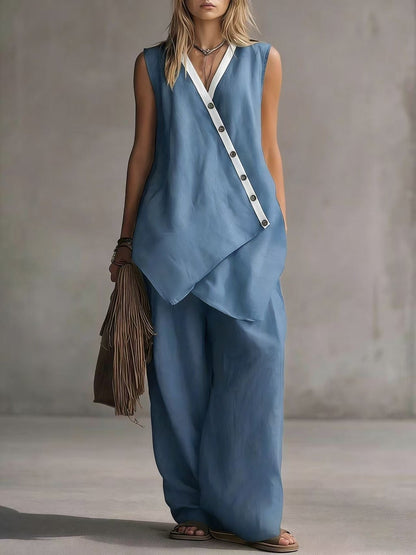 Women's Boho V-Neck Button Vest & Wide-Leg Pants Set FitiqueFit