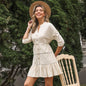 Women's V-Neck A-Line Dress – Three-Quarter Sleeve Button Contrast Panel FitiqueFit