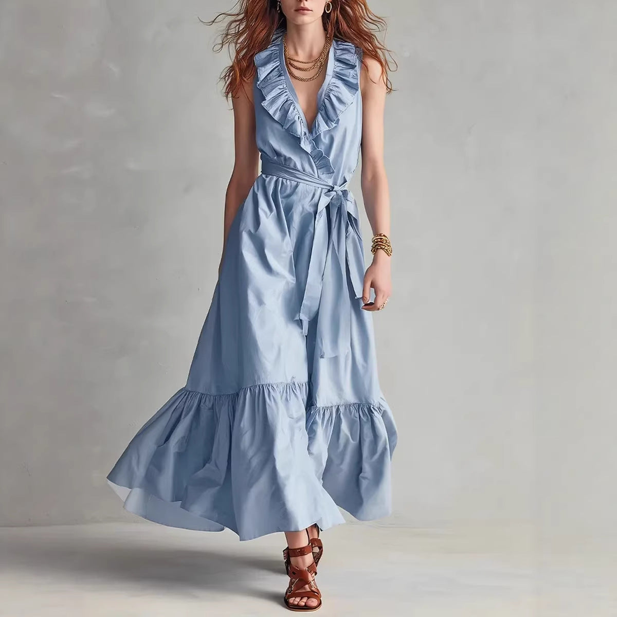 Women's V-Neck Sleeveless Lace-Up Panelled Maxi Dress – Wide Flare FitiqueFit