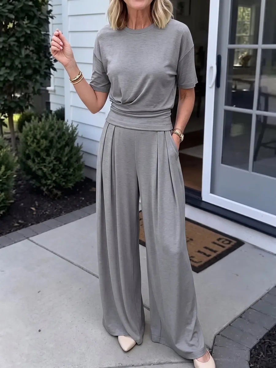 Women's Loose Crew-Neck T-Shirt & Wide-Leg Pants Two-Piece Set FitiqueFit