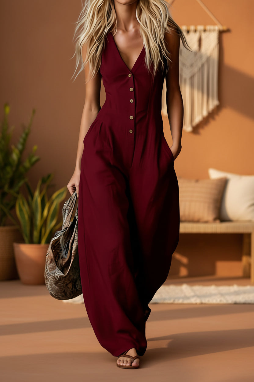 Women's Linen-Look V-Neck Jumpsuit – Textured, Sleeveless, Commuter Style FitiqueFit