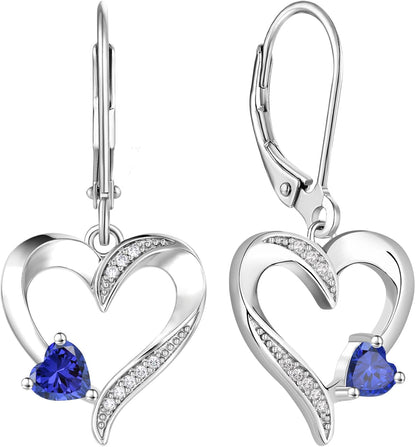 Heart Dangle Earrings 925 Sterling Silver Drop Earrings Birthstone Leverback Jewelry for Women