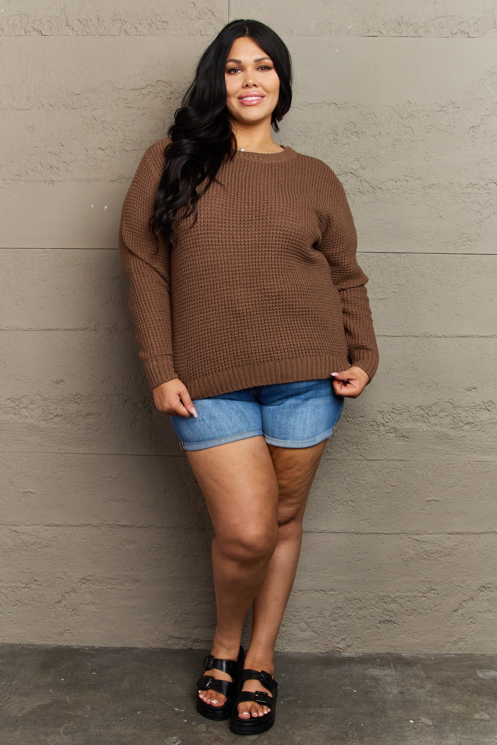 Zenana Breezy Days Plus Size High Low Waffle Knit Sweater Garden Naked Curves