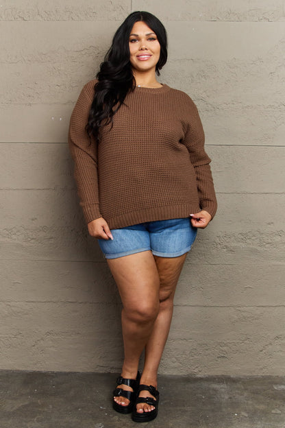 Zenana Breezy Days Plus Size High Low Waffle Knit Sweater Garden Naked Curves