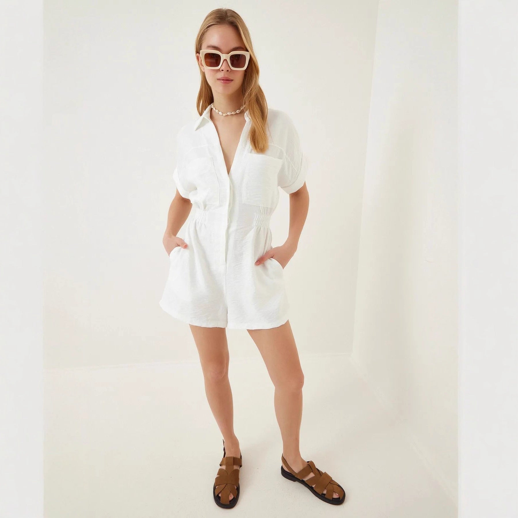 Women's Cotton Linen Loose-Fit Workwear Jumpsuit With Pockets FitiqueFit