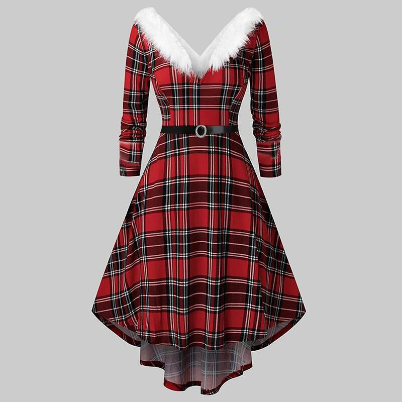 Christmas Women’s Fur Patchwork V-Neck Long-Sleeved Dress FitiqueFit
