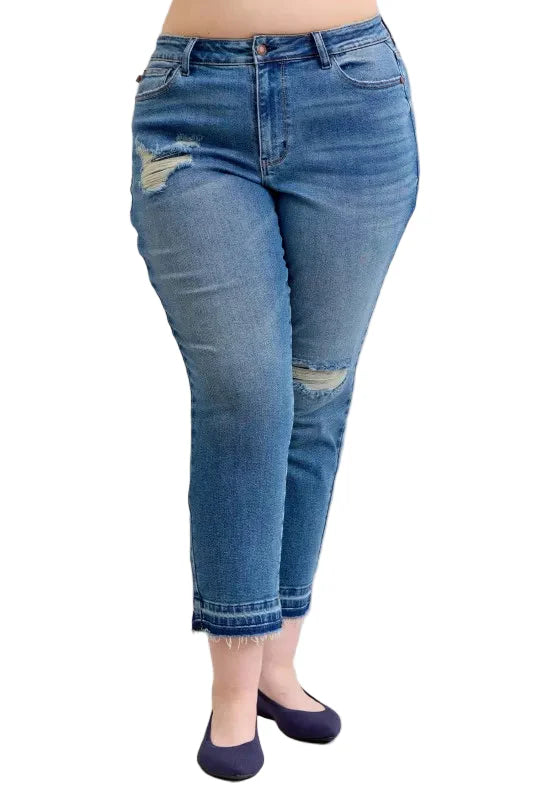 Judy Blue Full Size Mid Rise Bf Patch & Repair Destroy Release Hem Jeans Plus Size Garden Naked Curves