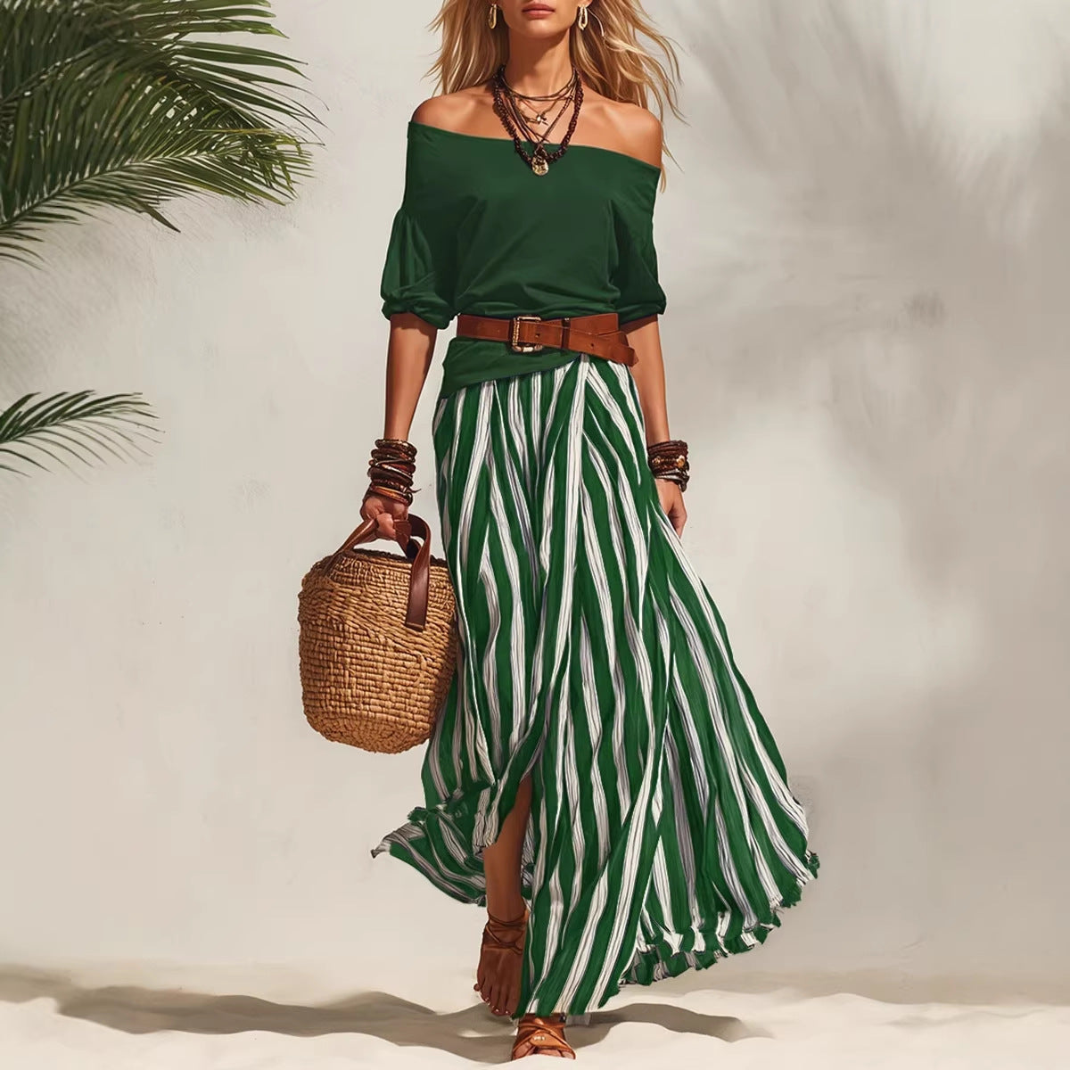 Women's Off-Shoulder Top & Slit Maxi Skirt Set FitiqueFit