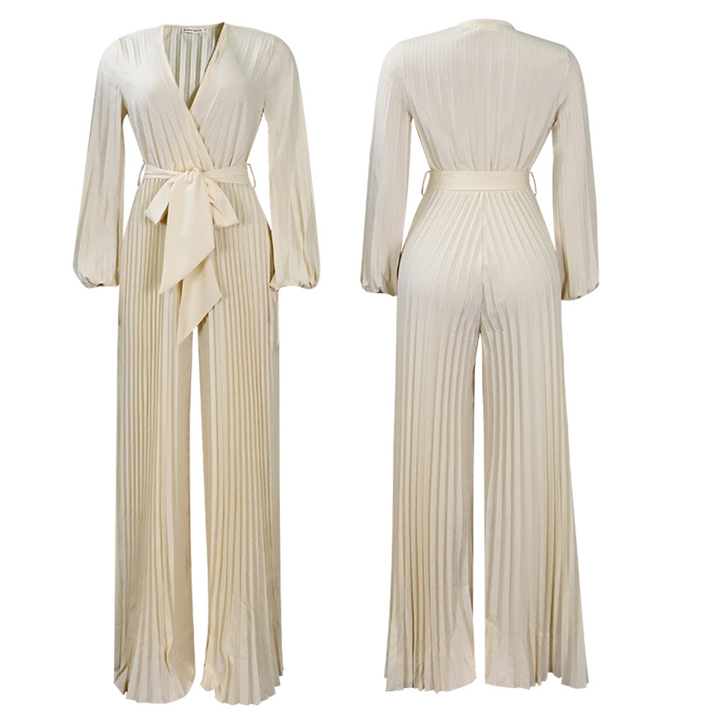 V-neck Lace Up Pleated Wide-leg Plus Size Jumpsuit See size chart under “more details” The Fashion Celestial