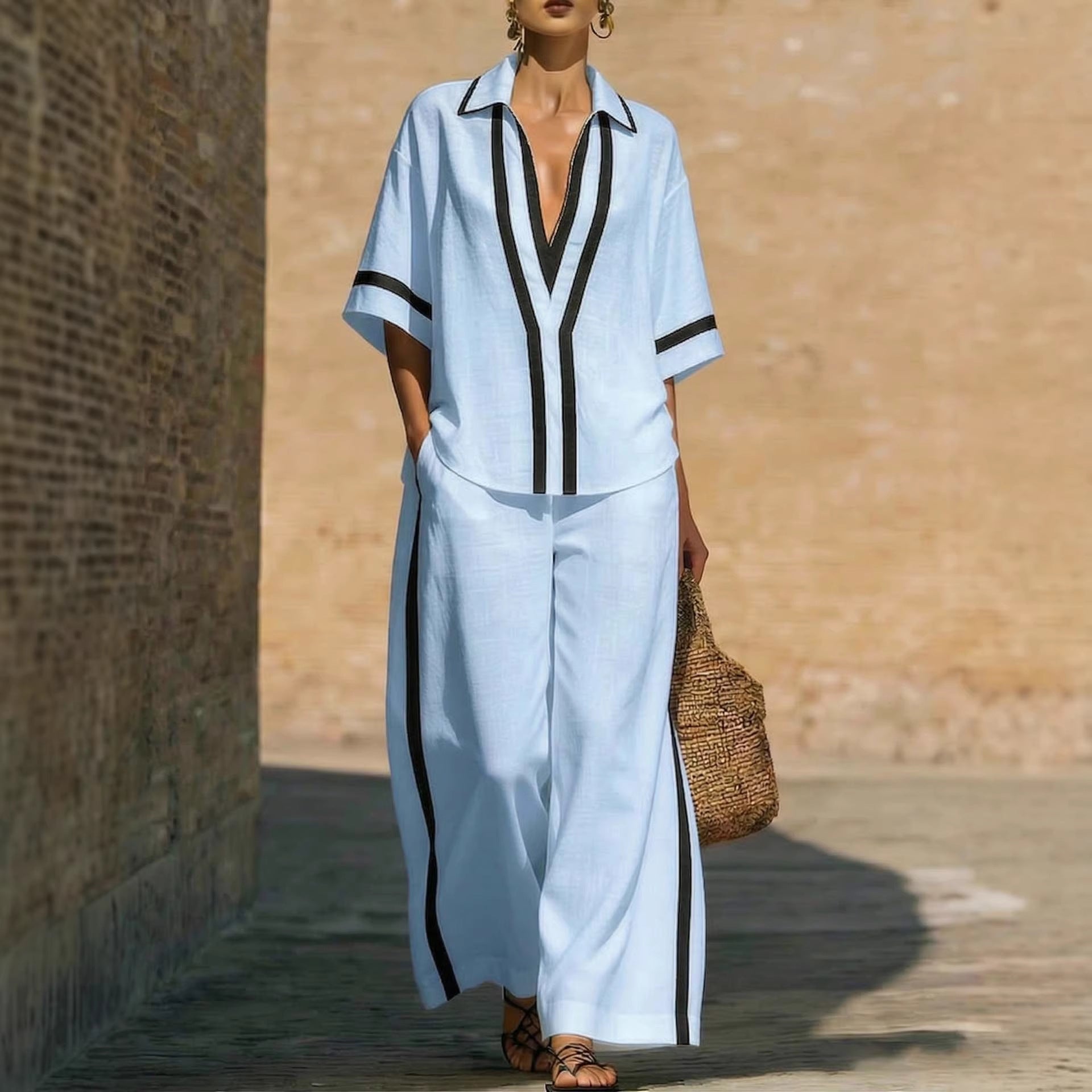 Women’s Color Block Shirt and Wide-Leg Pants Set FitiqueFit
