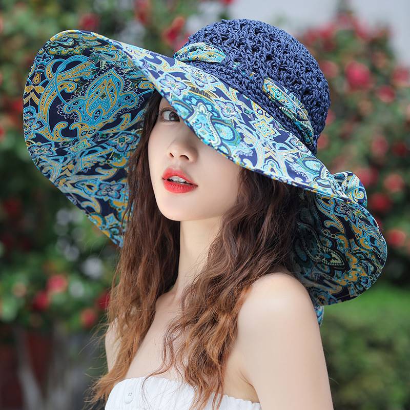 Women's Patterned Straw Beach Sun Hat – Round Crown UV Protection Summer Hat FitiqueFit
