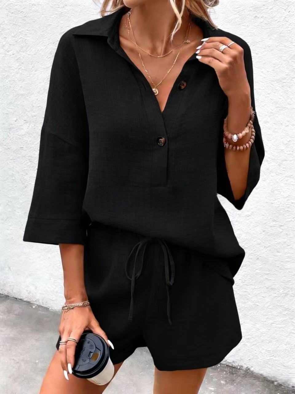 Women's Notch-Lapel Short-Sleeve Top & Belted Shorts Two-Piece Set FitiqueFit