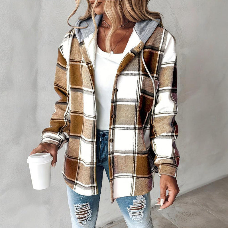 Women's Plaid Hoodie Long Sleeve Jacket With Pocket FitiqueFit
