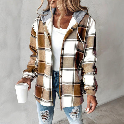 Women's Plaid Hoodie Long Sleeve Jacket With Pocket FitiqueFit