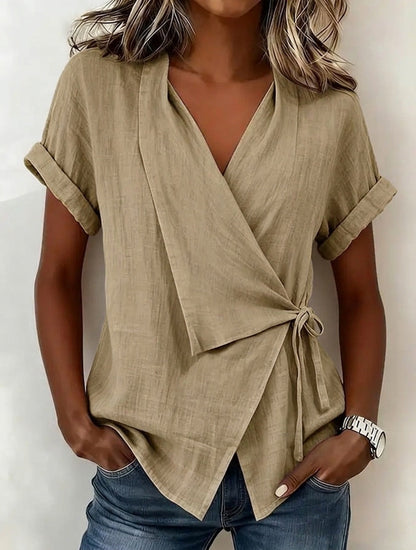Women's Casual Lapel Collar Lace-Up Short-Sleeve Linen Top FitiqueFit