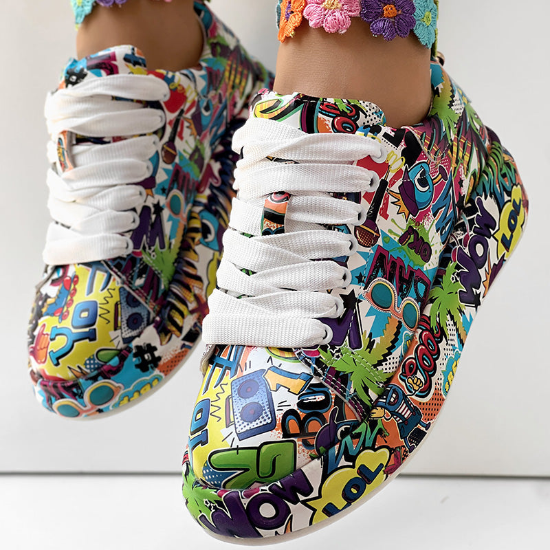 Women's Casual Round Toe Thick Sole Lace-Up Sneakers, Random Print Design, Comfortable Sporty Shoes For Daily Wear See size chart under “more details” The Fashion Celestial