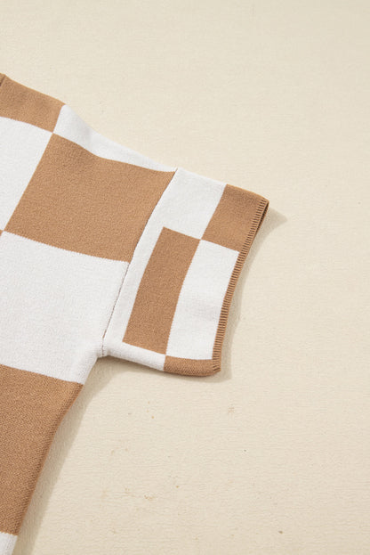 Light French Beige Plus Size Checkered Pattern Knit Short Sleeve Sweater Garden Naked Curves