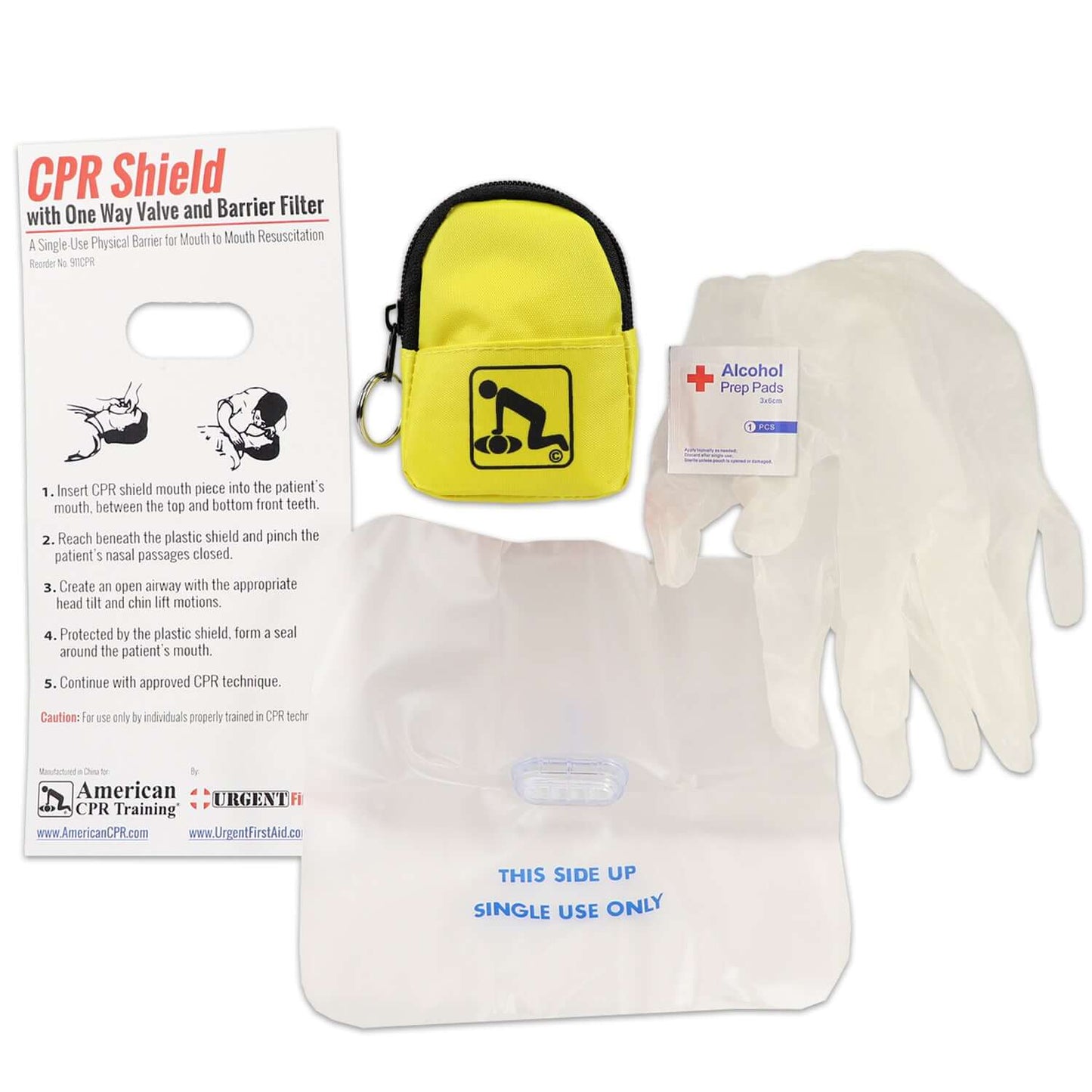 CPR Yellow Beltloop Keychain Backpack with Faceshield, Gloves, and Cleansing Wipes quakekits.com