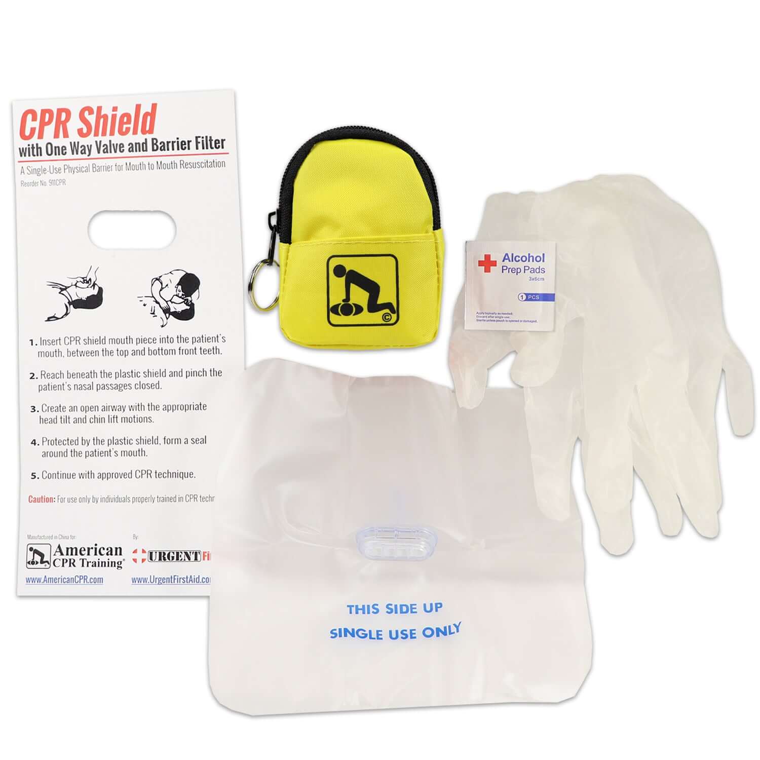 CPR Yellow Beltloop Keychain Backpack with Faceshield, Gloves, and Cleansing Wipes quakekits.com
